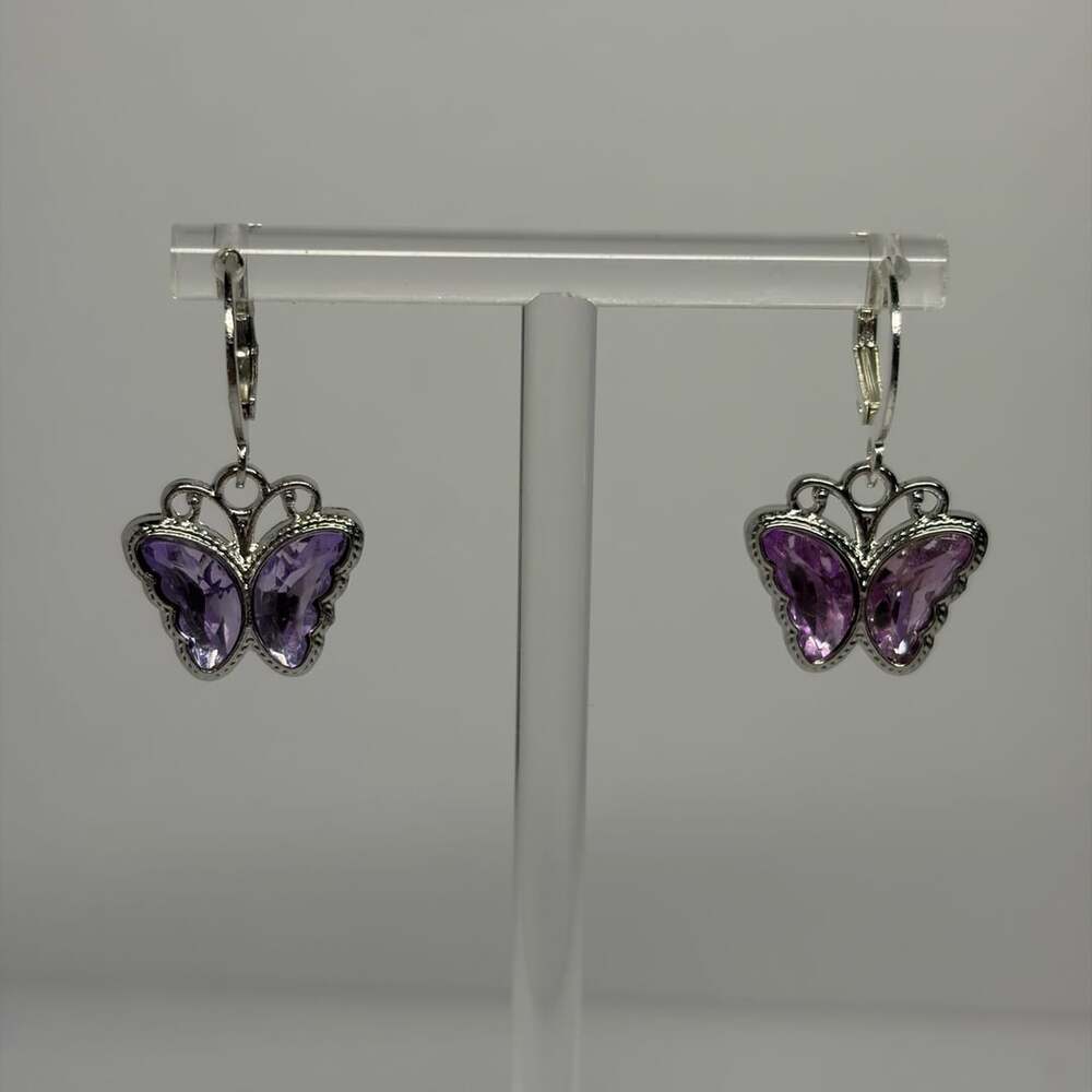 Stainless Steel Silver Tone Butterfly Leverback Earrings with Purple Faux Crysta